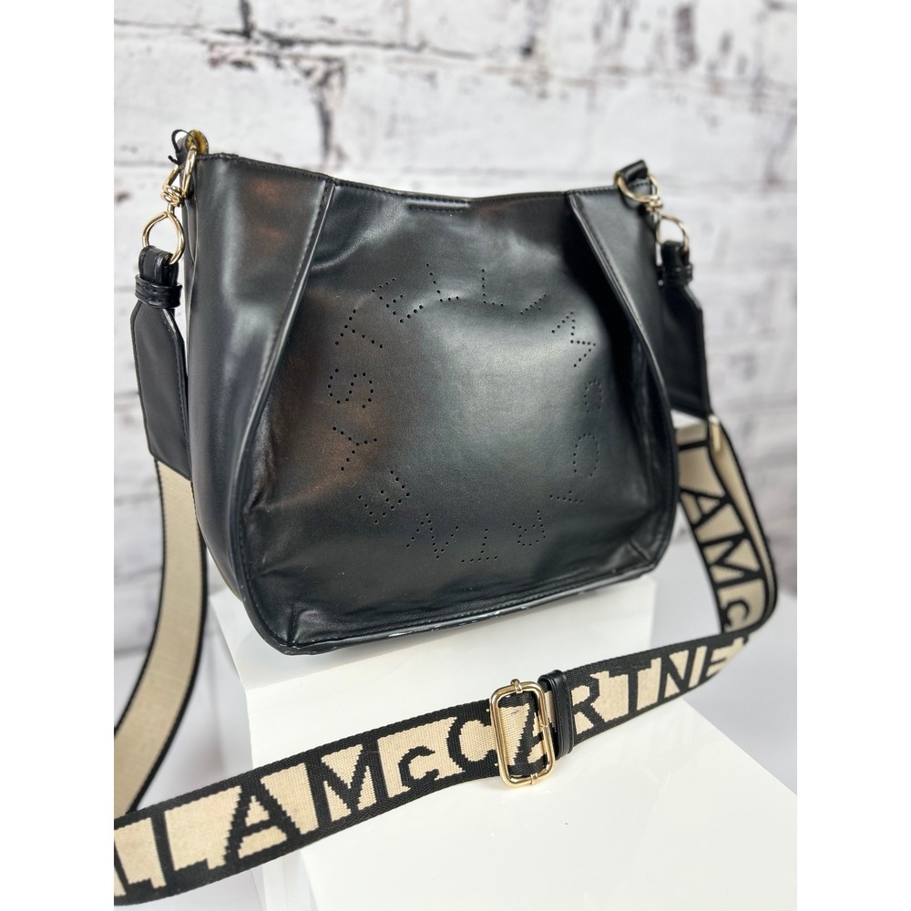 Stella McCartney Black Shoulder Bag Logo Perforated Strap Gold Hardware - Picture 3 of 14